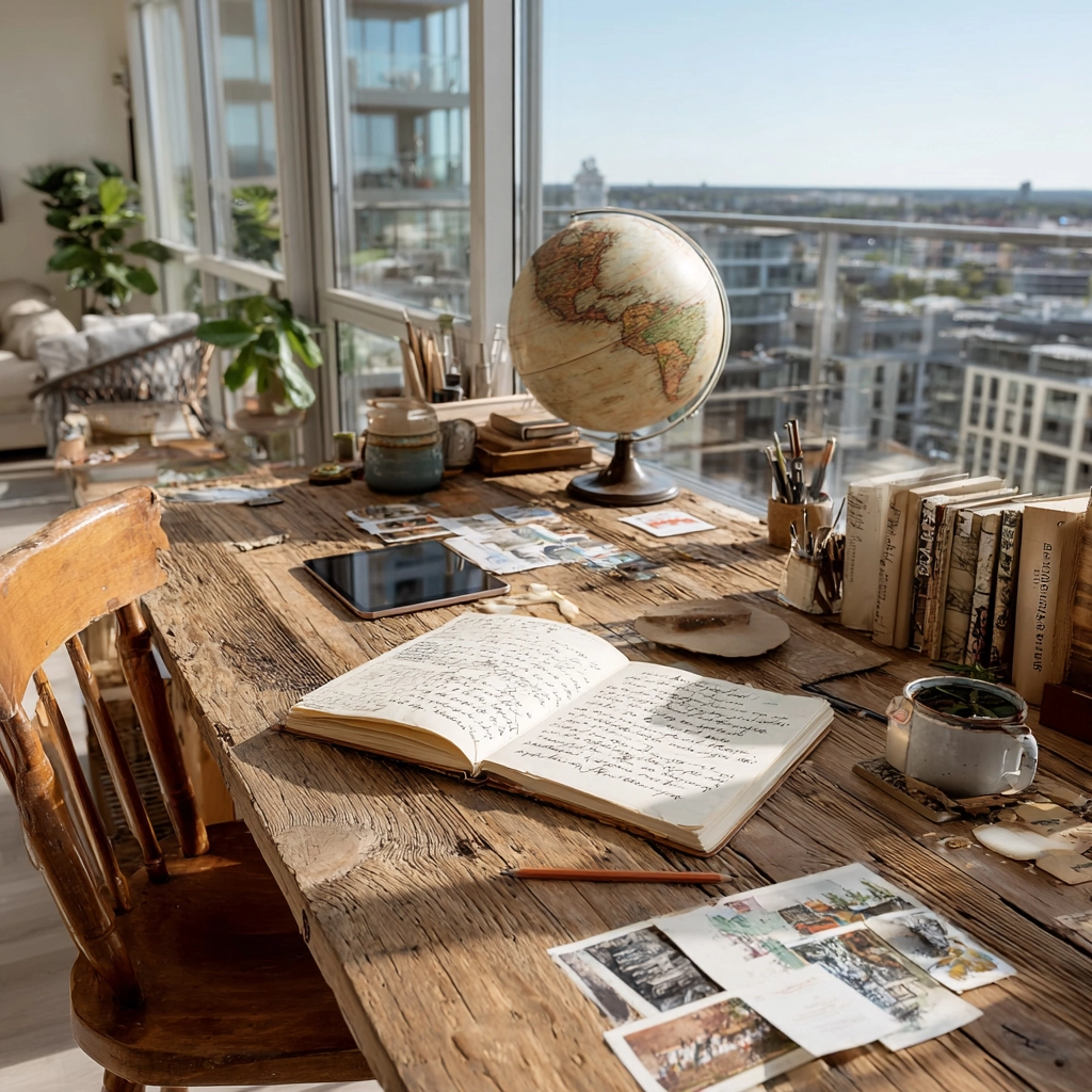Schreibtisch mit Globus, Notizen und Büchern – Symbol für reflektierte Weltzugänge