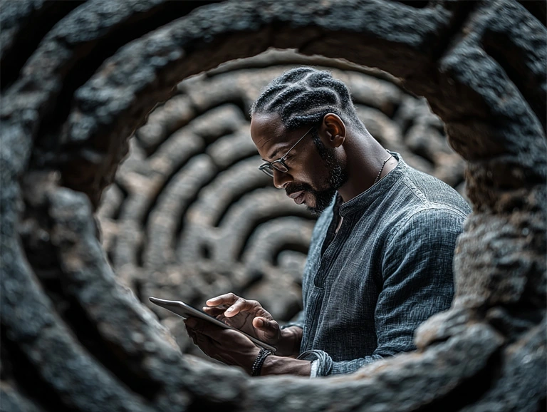 Mann mit Tablet im Steinlabyrinth – Symbolbild für tiefgehende Selbsterkenntnis